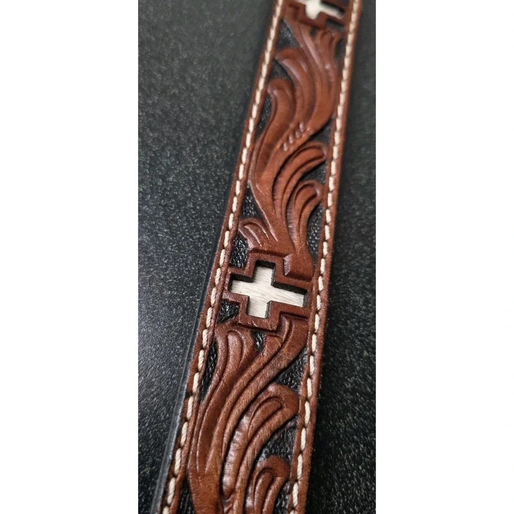 Ranger Belt Co. Tooled Brown Leather Belt Cowhide Inlay Crosses Kids 28 Rodeo